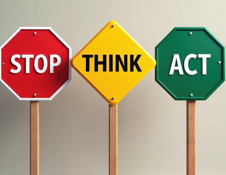 Three road signs stop think act in red yellow green colors. Red octagonal stop sign, yellow diamond think sign, green octagonal act sign. Directive signage.