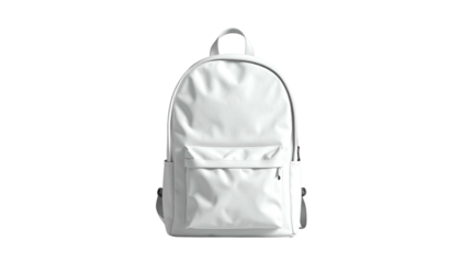 A minimalist white backpack on a stark black background, showcasing its sleek design