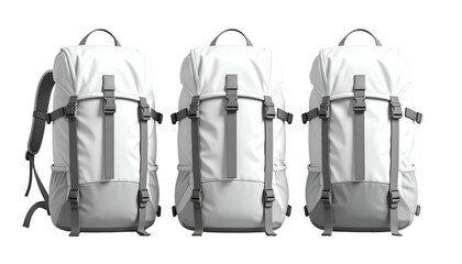 Three white backpacks in a row, each with straps and a top handle against a black background