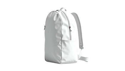 A plain white backpack with multiple compartments and straps, isolated on black