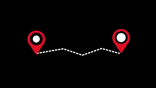 Animated travel plane moving  route with point location animation two destination on black background.alpha channel only 4k.