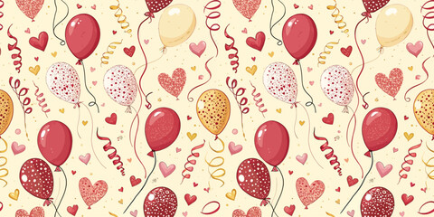 Colorful balloons and hearts pattern, ideal for festive celebrations and events.