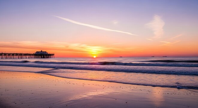 A serene beach scene with a wooden pier extending into the ocean at sunset, with a calm sea and a pink and purple sky. - Powered by Adobe