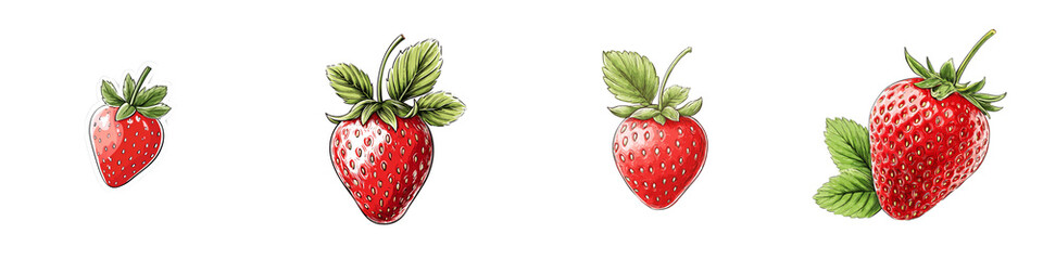 Watercolor Strawberries with Green Leaves Isolated Set