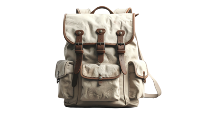 Canvas backpack, cream-colored, leather straps and details, rugged, vintage, isolated on black