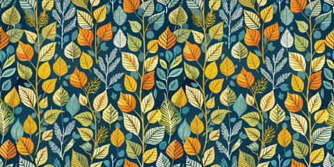 Colorful botanical pattern with vibrant leaves in shades of green, orange, and blue on a dark background.