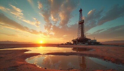 Fototapeta premium Oil derrick stands in desert. Setting sun reflects in water puddles. Industrial structure against dramatic sky. Energy extraction business landscape.