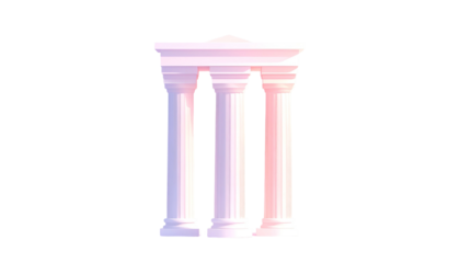 Isolated classical structure with three fluted columns in pastel light against a black backdrop