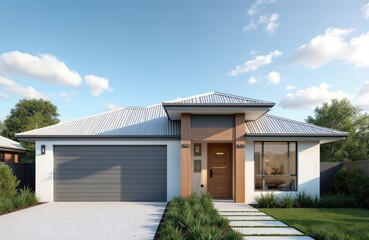 Fototapeta premium Modern Australian house exterior with white facade, wooden accents, and metal roof. Features a grey garage door, clean lines, and manicured lawn under a blue sky.