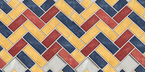 Colorful chevron patterned tiles in red, yellow, blue, and gray create a vibrant texture.