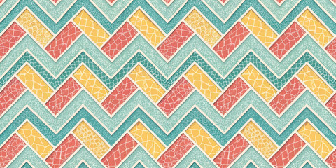 Colorful chevron pattern featuring aqua, coral, and yellow tones in a modern mosaic style.