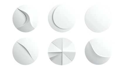 Six white, round shapes with layered, folded, or curved elements casting subtle shadows, on black