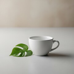 White Coffee Cup with Green Leaf on White Surface Keywords: white, coffee, cup, mug, ceramic
