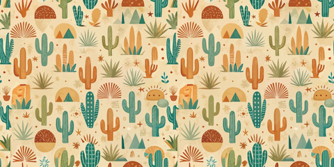 Colorful desert-themed pattern featuring cacti, mountains, and suns in warm earthy tones.