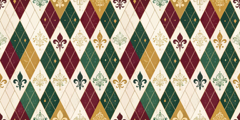 Colorful diamond pattern featuring vintage motifs in shades of red, green, gold, and cream.