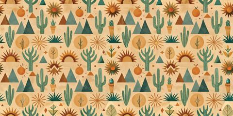 Colorful desert-themed pattern featuring cacti, mountains, and sun motifs.