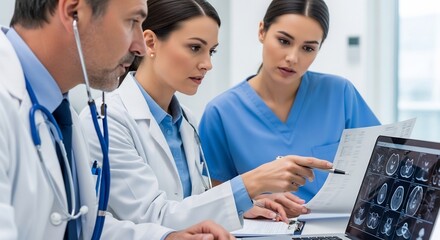 Medical team analyzing MRI scan on laptop collaborating on diagnosis.