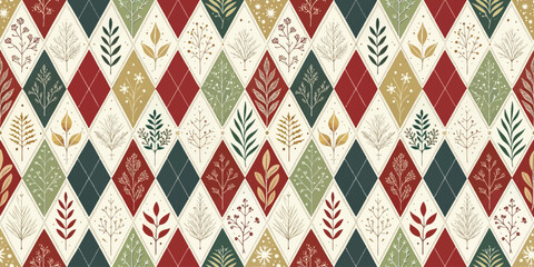 Colorful diamond pattern with seasonal motifs in red, green, gold, and white, perfect for festive decor.