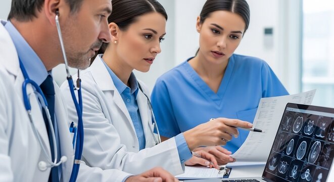 Medical team analyzing MRI scan on laptop collaborating on diagnosis.