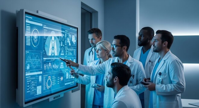 Medical Team Analyzing Patient Data on Large Screen Display.