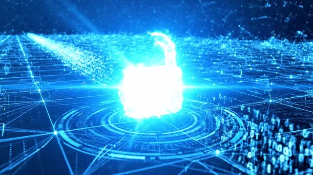 Neon padlock hovering over a blue digital grid,  cyber symbolizing cybersecurity and data protection!