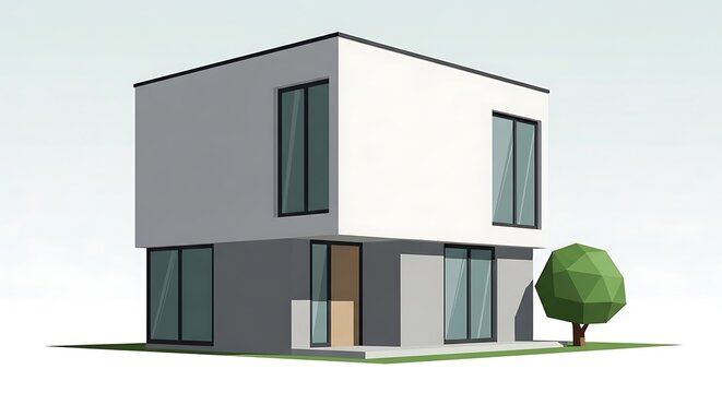 Modern Minimalist House Design with Tree, Clean Lines and Geometric Form.