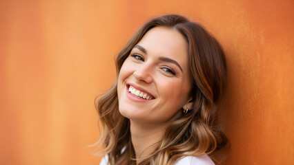 Smiling young woman with wavy hair against vibrant orange background wall