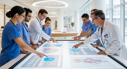 Medical Team Collaborating on Digital Table in Modern Hospital.