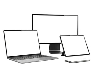 Fototapeta premium Realistic computer monitor laptop tablet and smartphone responsive mockup set perspective view transparent background