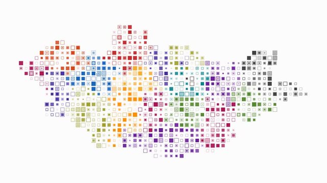 Mongolia animated country shape. Pulsating colored dots on the map of the country. Small size square blocks. Digital style Mongolia map on white background. Creative animation video.