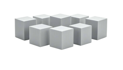 Nine identical white cubes arranged in a semi-circle on a stark black background