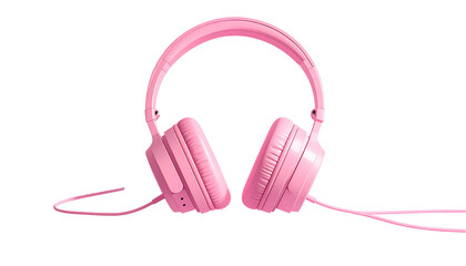 Vibrant overhead headphones, rose-colored, isolated against a stark black background