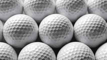 A close-up, black and white photograph captures a tightly packed arrangement of white golf balls. They feature the classic dimpled texture characteristic of golf balls.