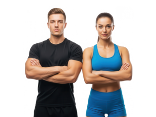 Fit Man and Woman Standing Confidently with Arms Crossed.