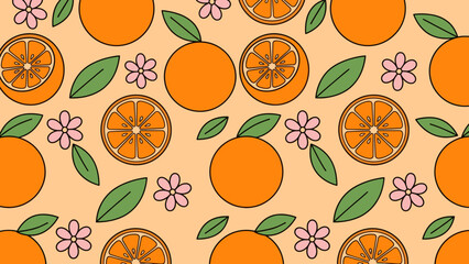 Vibrant Retro 70s Style Seamless Pattern with Stylized Oranges, Green Leaves, and Pink Flowers on a Warm Peach Background