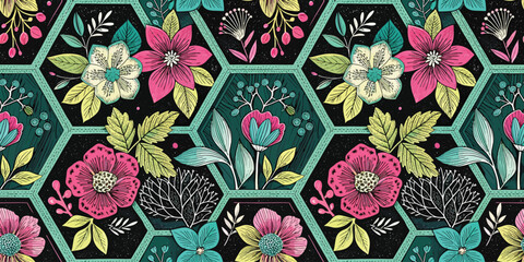 Colorful floral pattern featuring vibrant pink, yellow, and blue flowers on a black background.