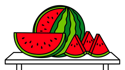 Fresh Summer Watermelon Whole and Sliced Flat Vector Graphic on a Table with Bold Outlines
