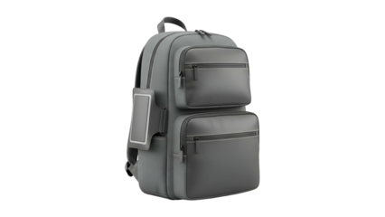 A gray backpack with multiple zippered pockets, a handle, and a side attachment