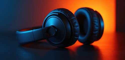 Black headphones rest on a dark surface illuminated by blue and orange lights. This electronic gadget offers immersive audio for music lovers and gamers. Its sleek design fits any modern setup.