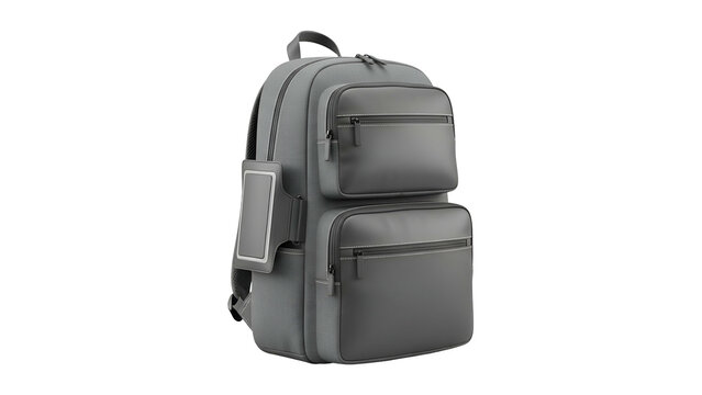 A gray backpack with multiple zippered pockets, a handle, and a side attachment