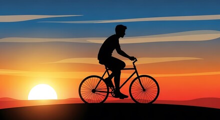 Obraz premium Silhouette of a cyclist riding a bicycle at sunset, scenic view.