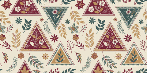 Colorful floral pattern with triangle shapes on a soft beige background, creating a vintage vibe.