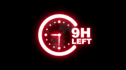 Glowing neon 9 hours left Countdown timer clock icon. 9 hour left offer, promo sticker, business limited special promotion. Clock icon, technology map and dark background. 4K video animation  - Powered by Adobe