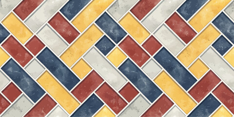 Colorful geometric pattern featuring a mix of red, blue, yellow, and gray tiles in a woven design.