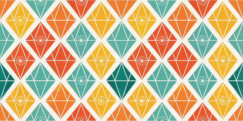 Colorful geometric pattern featuring diamond shapes in orange, yellow, teal, and green.