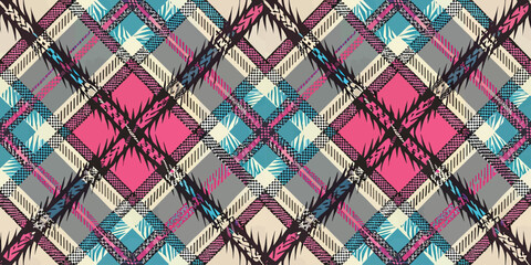 Colorful geometric fabric pattern featuring pink, blue, and beige in a stylish design.