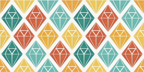 Colorful geometric pattern featuring diamonds in teal, orange, yellow, and red hues.