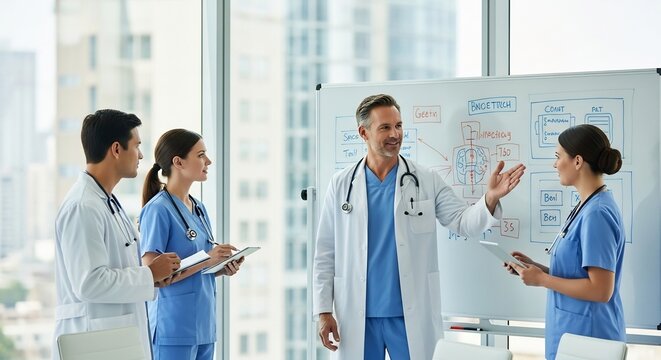 Medical team discussing patient care in a hospital setting. - Powered by Adobe