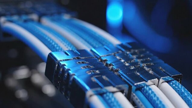 Detailed View of Blue and White Computer Cables with Metal Connectors.