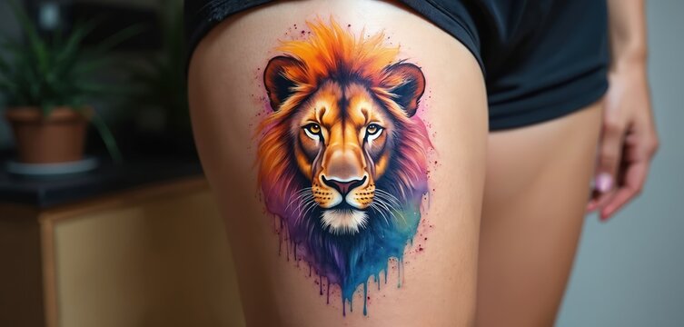 Vibrant watercolor lion tattoo on a persons thigh. The artwork features a lions face with a colorful mane. This body art is a unique expression.